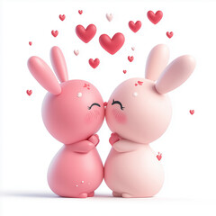 Cute Kawaii Bunny Couple Sharing a Kiss &ndash; Romantic Love Hearts Illustration
