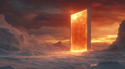 Glowing door made of ice.