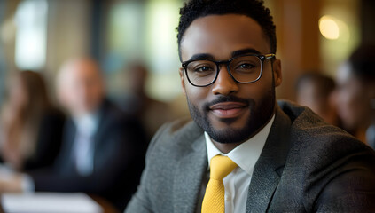 Fototapeta premium Confident business professional in glasses, smiling at the camera in a modern office setting, ideal for corporate or career-related themes.