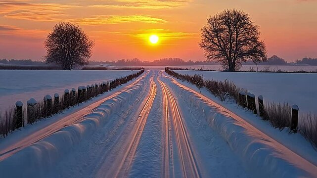 A tranquil winter evening unfolds as the sun sets behind a snow-covered field, casting a warm glow over a winding road flanked by bare trees. The beauty of nature captivates.