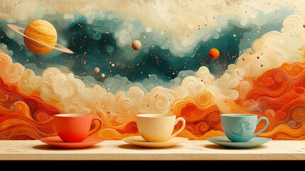 Playful illustration of a cosmic tea party with planets and stars as guests bright and whimsical combining elements of space with a playful theme