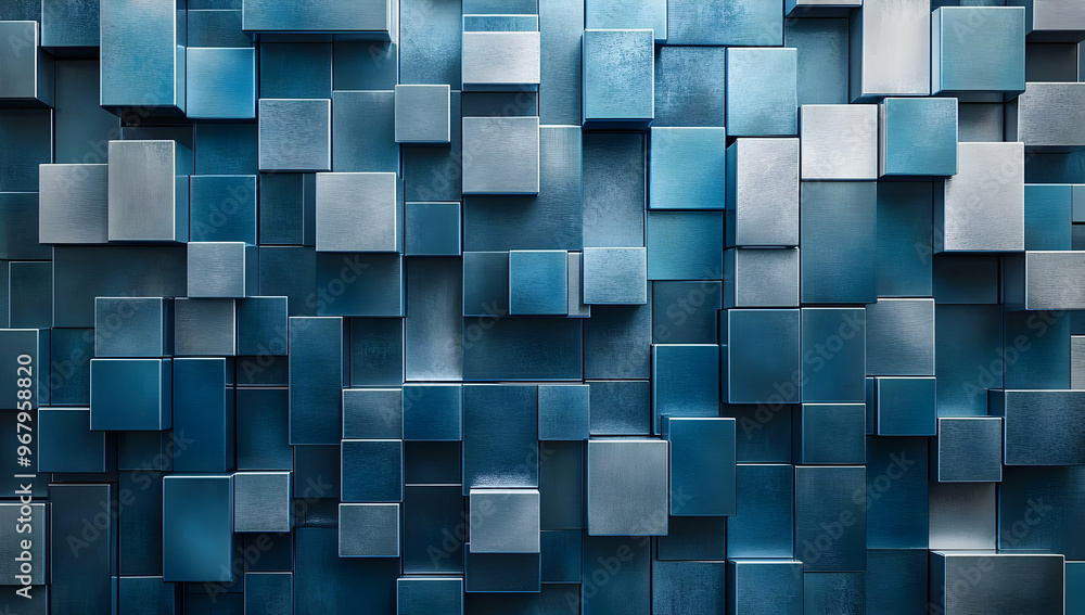 Poster a dynamic blue wall covered in varying geometric shapes, creating an intriguing texture and visual d
