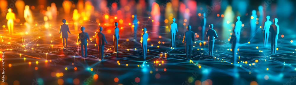 Poster abstract representation of connected individuals in a vibrant digital network showcasing unity and i