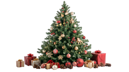 Christmas tree and decorations, isolated on white background