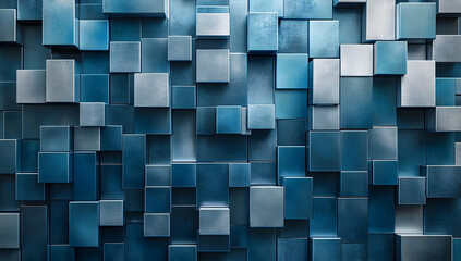 A dynamic blue wall covered in varying geometric shapes, creating an intriguing texture and visual depth for modern design.