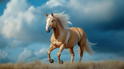 Obraz premium A stunning golden horse gallops gracefully across a meadow, showcasing its beauty against a dramatic sky.