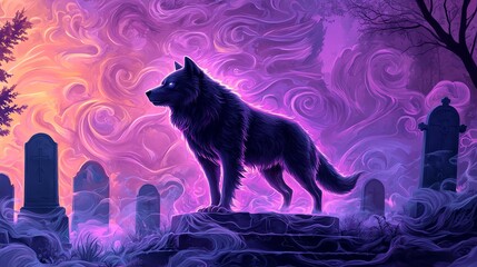 A mystical wolf stands in a graveyard, surrounded by ethereal mist and colorful skies, evoking a sense of adventure and mystery.