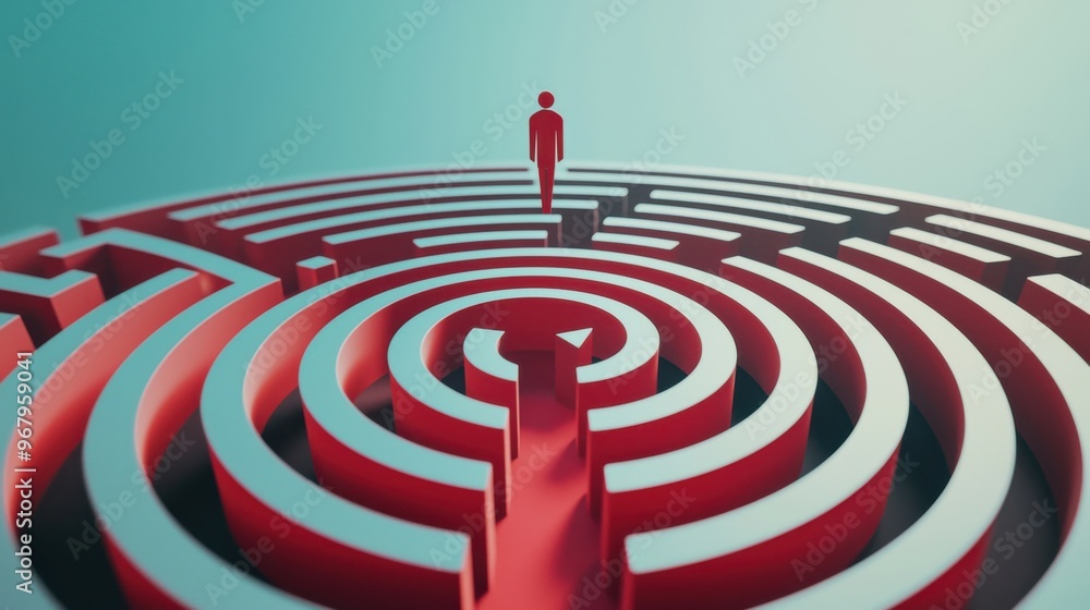 Poster a maze-like structure with arrows guiding a person through, navigating the complexities of outplacem