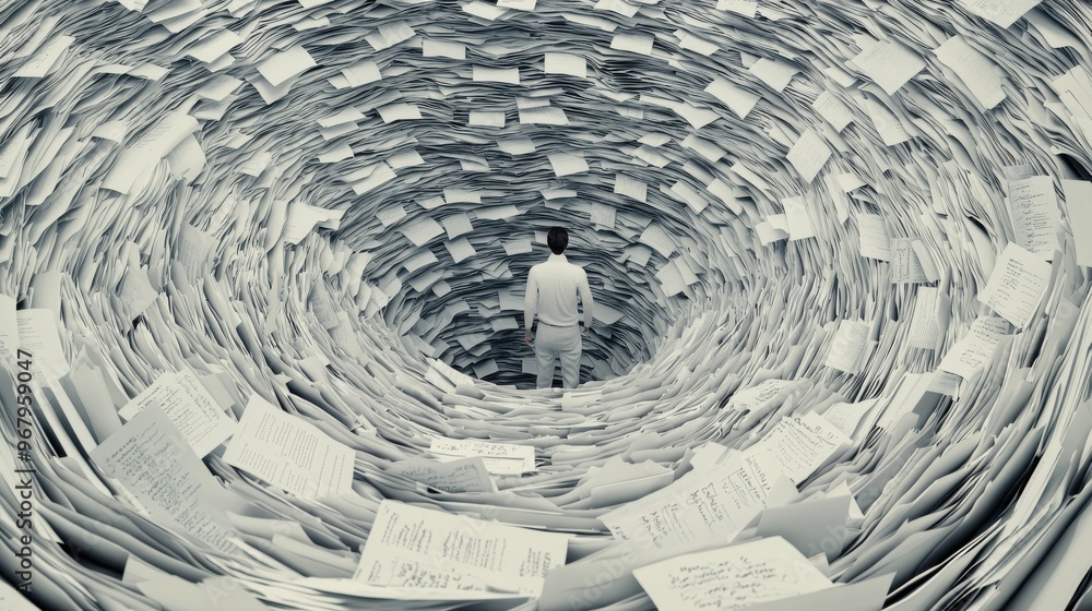 Poster a maze filled with documents and to-do lists, with a worker struggling to find their way out. the co