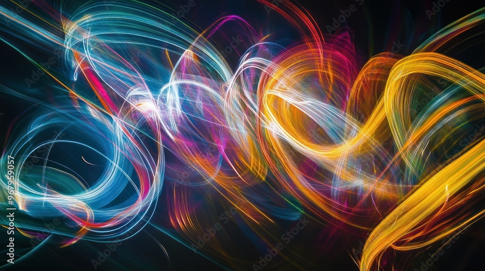 Poster Abstract light trails in vibrant colors creating a dynamic visual effect.