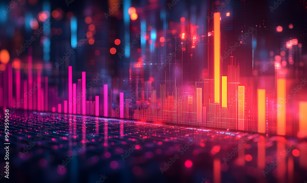 Poster vibrant abstract digital data visualization with colorful bars and glowing lights, ideal for technol