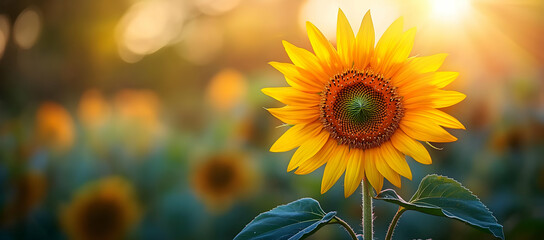 A vibrant sunflower stands tall in a field, basking in warm sunlight, symbolizing happiness and cheerful nature.