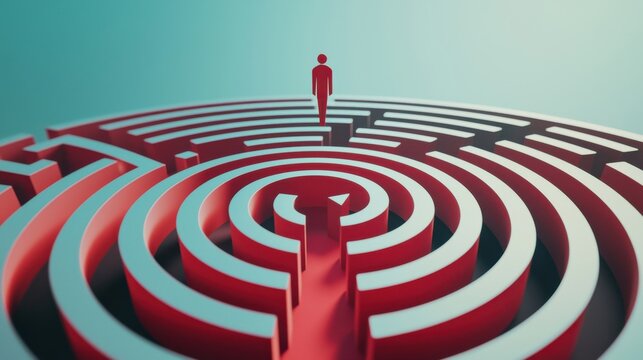 A maze-like structure with arrows guiding a person through, navigating the complexities of outplacement services and finding a clear path to a new job
