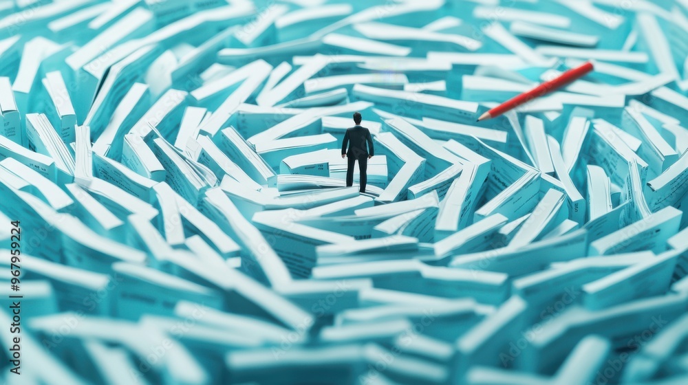 Aufkleber a maze made of paperwork and office tools, with a figure in the center methodically finding their wa