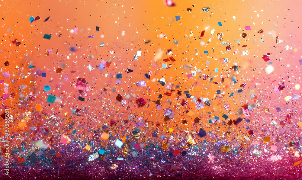Poster vibrant abstract background featuring colorful glitter particles scattered against an orange gradien