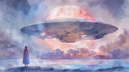 Obraz premium Swirling purple sky with a sleek spaceship hovering over a desert planet featuring glowing cracks in soft pastel watercolor hues.