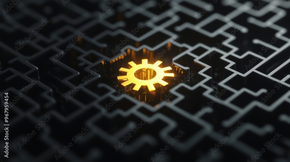 Poster a maze of interconnected gears with one central gear glowing brighter, representing the concept of b
