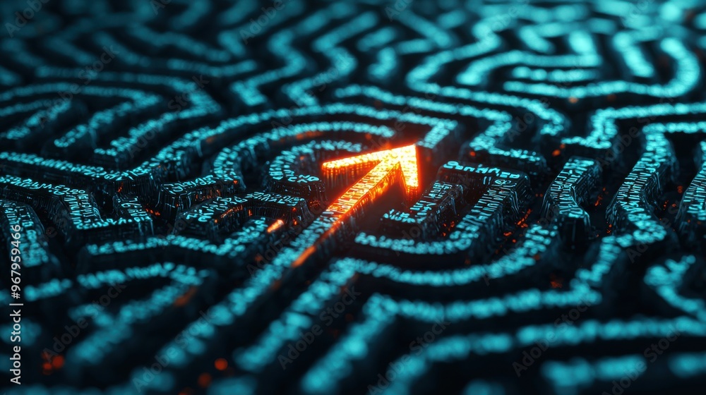 Poster a maze of interconnected pathways with a glowing arrow leading through it, navigating through risks 