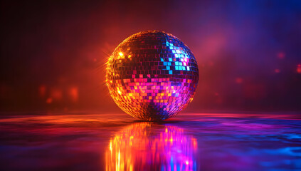 A vibrant disco ball reflecting colorful lights, creating a festive atmosphere perfect for parties and celebrations.