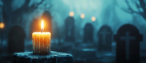 A solitary candle illuminates a misty graveyard, creating an eerie and atmospheric scene filled with mystery and intrigue.