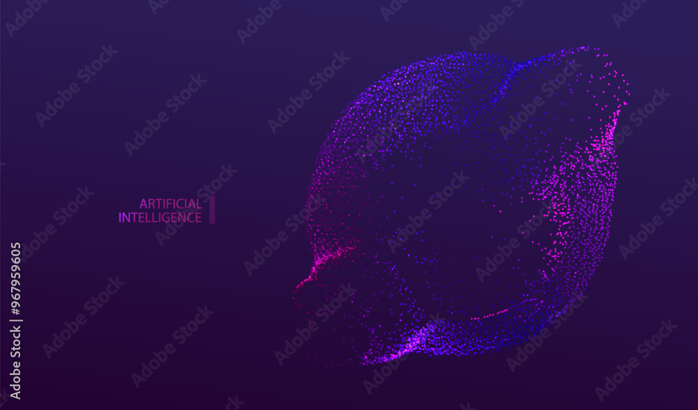Poster a.i. technology particles banner. dots explosion ai big data neon round background. artificial intel