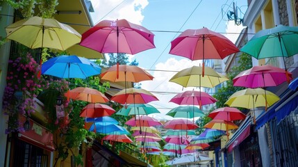 Naklejka premium Colorful Umbrellas Over a City Street