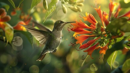 Fototapeta premium Close up of a ruby throated hummingbird sipping nectar from vibrant honeysuckle flowers