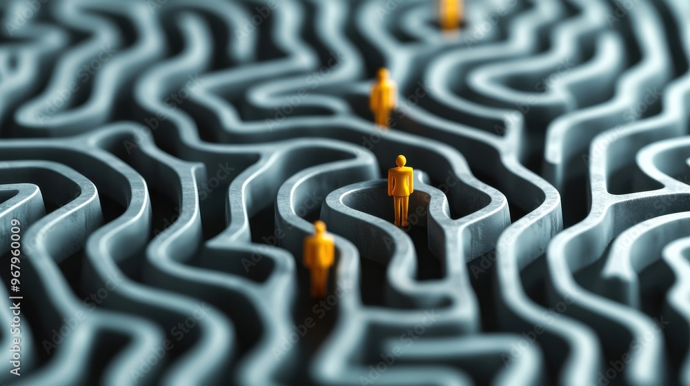 Poster a maze with abstract figures navigating through, representing the challenges and growth that shape a