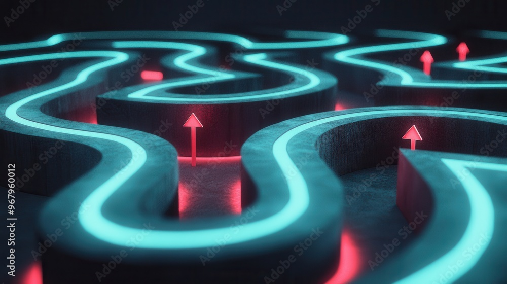Poster a maze with glowing arrows guiding the way, each turn representing a step in the sop that leads to s