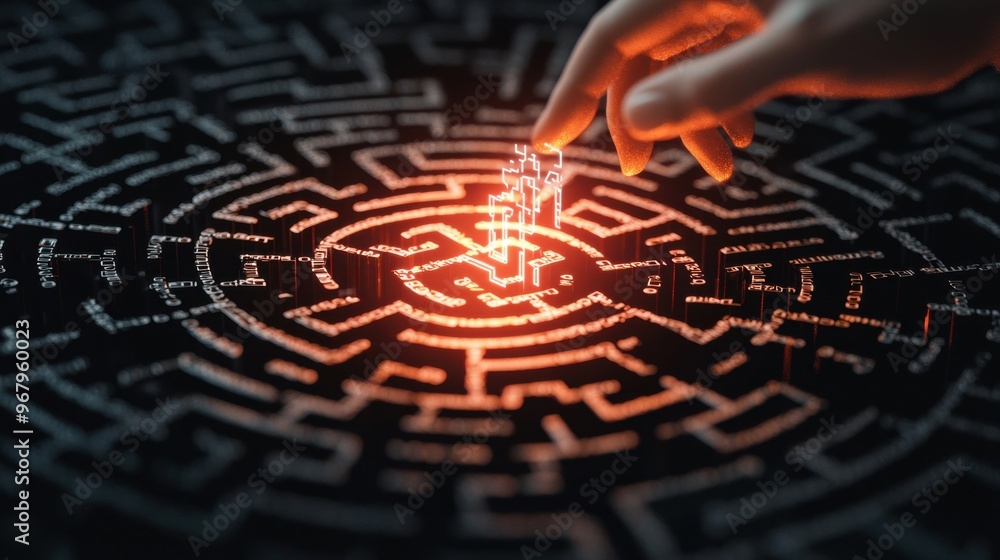 Poster a maze with multiple exits and a person holding a glowing map, navigating through complex problems w