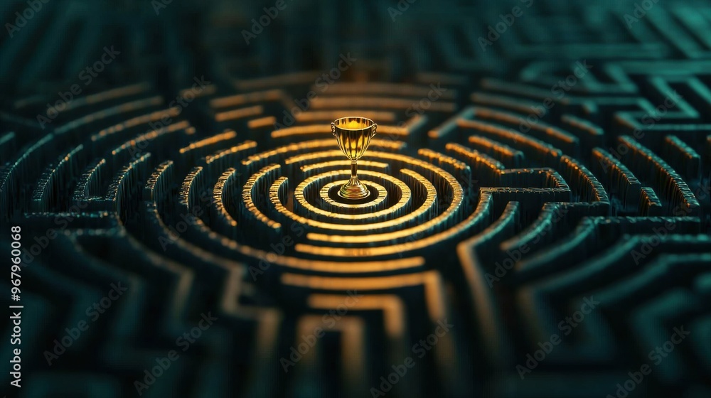 Poster a maze with shining pathways leading towards a trophy at the center, how effort and skill navigate t