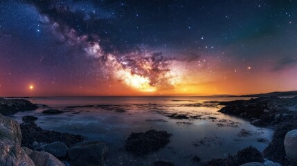 Fototapeta premium A stunning night sky over a tranquil ocean, showcasing the Milky Way and vibrant sunset colors.