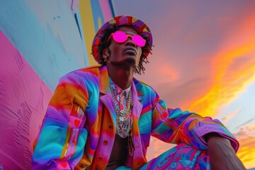 Obraz premium Vibrant fashion meets twilight sky in a celebration of colors and creativity