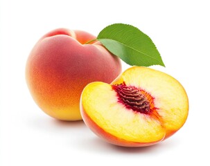Fresh Peach with a Leaf and Cut Half