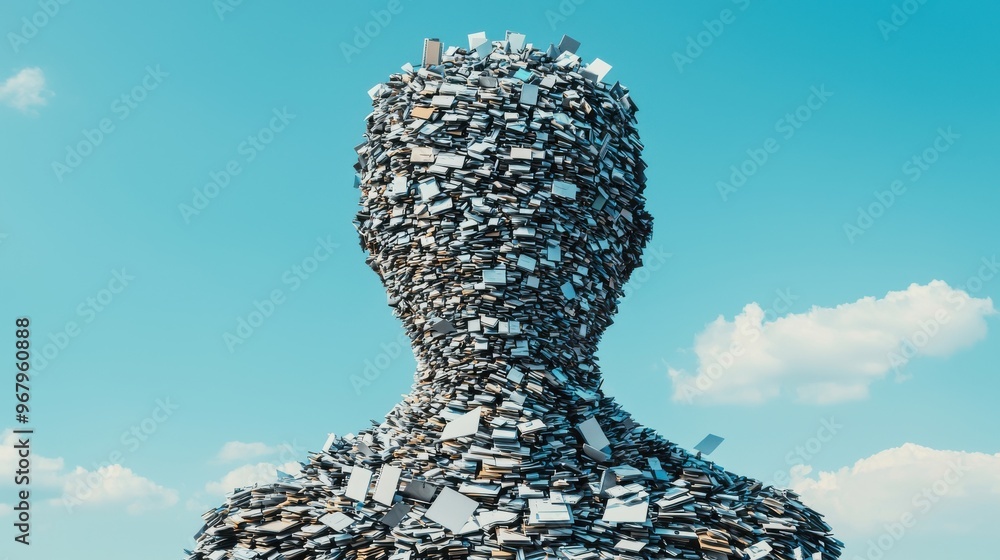 Poster a mountain of files and digital tasks forming the shape of a human, the transformation of a person i