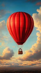 Fototapeta premium A vibrant red hot air balloon soaring through a beautiful sky filled with clouds, perfect for adventure and travel themes.