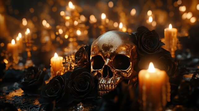 a sophisticated halloween banner featuring a luxurious masquerade ballroom decorated with black roses, golden skulls, and flickering candles
