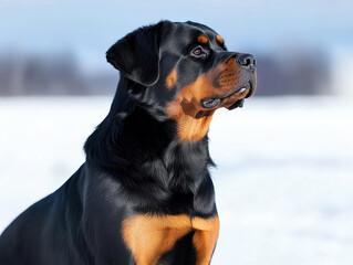 Obraz premium A majestic Rottweiler dog stands proudly in a winter landscape, showcasing its strength and loyalty against a snowy backdrop.