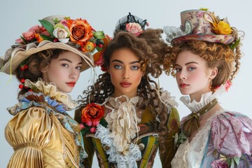 Elegant aristocrats in floral vintage attire showcase lavish fashion
