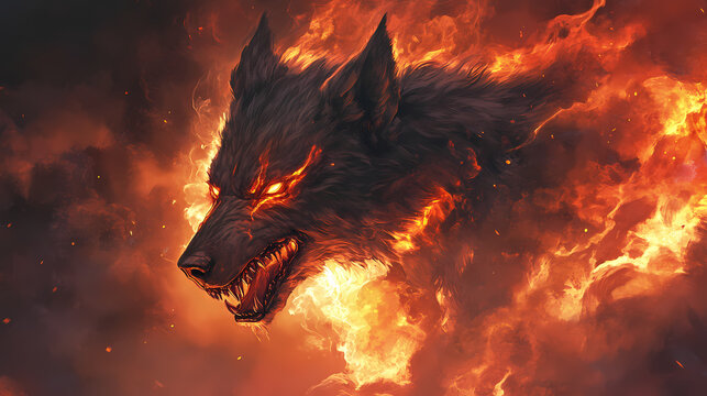 Hellhound show a hellhound with fiery eyes and smoke rising from its fur, guarding the entrance to the underworld. Cerberus. Illustration