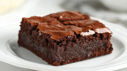 A delicious chocolate brownie sits on a white plate, ready to be enjoyed.