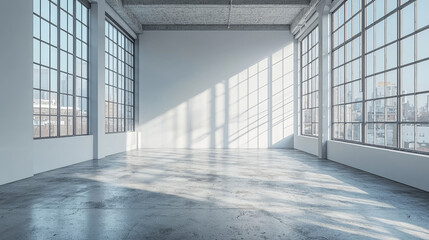 Fototapeta premium Spacious loft with large windows and a concrete floor.