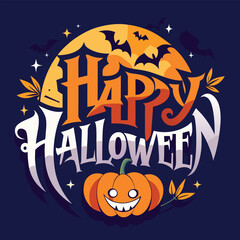 Happy Halloween Design with Spooky Bats and Pumpkin Graphics