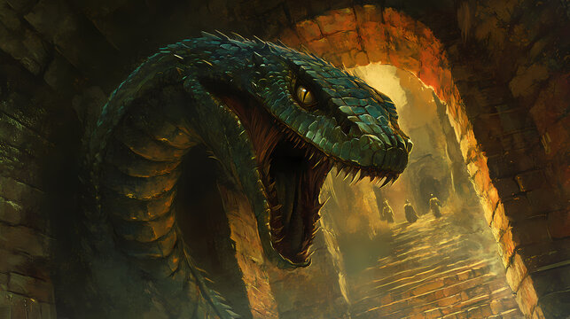 Hidden within the ruins, the basilisks petrifying stare emanates from its serpentine shadow, echoing whispers of powers best left undiscovered no dust. Basilisk. Illustration