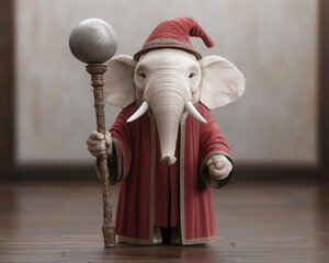 Elephant in a wizard robe holding a massive staff, Elephant in wizard costume, giant magic, powerful spellcaster