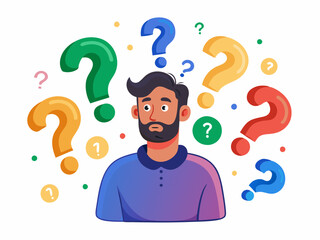 Confused Man Surrounded by Colorful Question Marks on a White Background Vector Art
