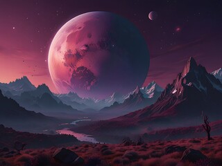 Majestic Mountain Range under a Giant Pink Planet