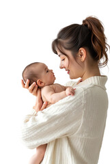 Tender moment between a young mother and her baby transparent white background maternal family love of woman with infant, motherhood maternity parenthood happiness with newborn kid for pregnancy joy