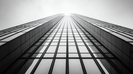 A low-angle view of a modern skyscraper with a cloudy sky above.