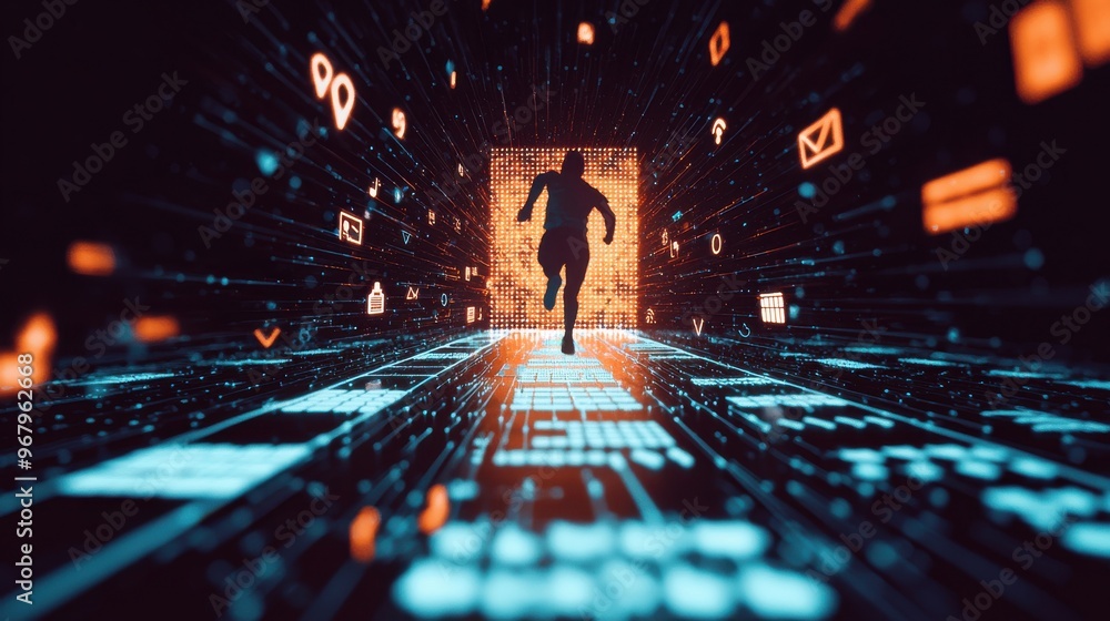 Aufkleber a person running up a path made of digital tiles, each tile representing a different skill. the path